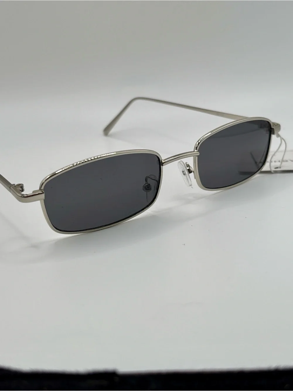 Vintage 90s Y2K Slim Rectangular Silver Metal Frame Sunglasses Dark Gray Lens